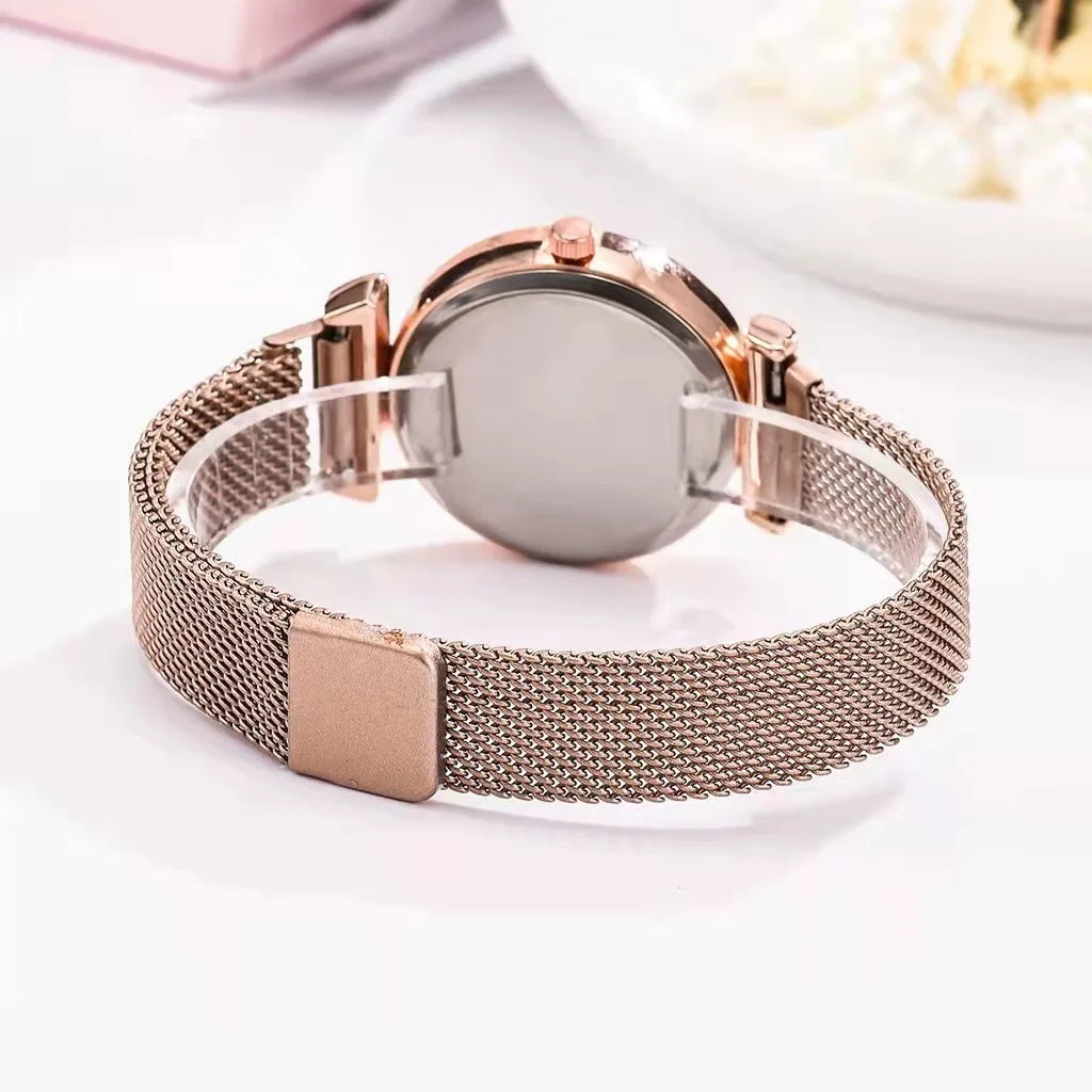 Fashion Women Watches Luxury Leather Buckle Flower Rhinestone Watch Ladies Quartz Wrist Watch Bracelet Set Reloj Mujer