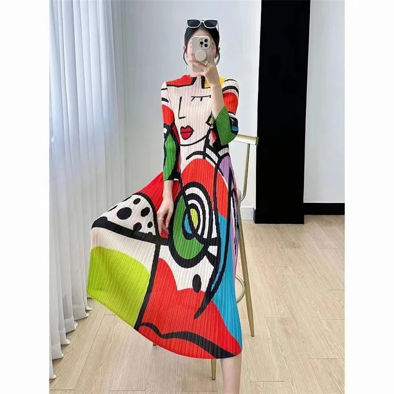 Long Dresses Womens Dresses Spring and Summer new Cartoon Printing Short Sleeve Temperament Fashion Loose Long Dress Female