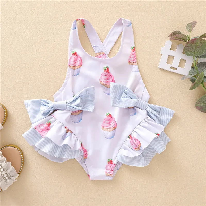 Summer One Piece Girls Swimsuits Baby Bow Ruffle Bathing Bikini Swimwear Toddler Girl Beach Holiday Clothes Kids Swimming Dress