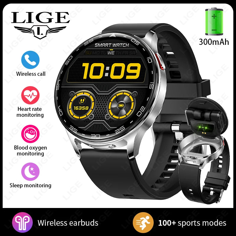 LIGE 2 In 1 TWS Headset Smart Watch 1.39" Women Men Sport Fitness Heart Rate Health Tracker Watches Earphone Music Smartwatch