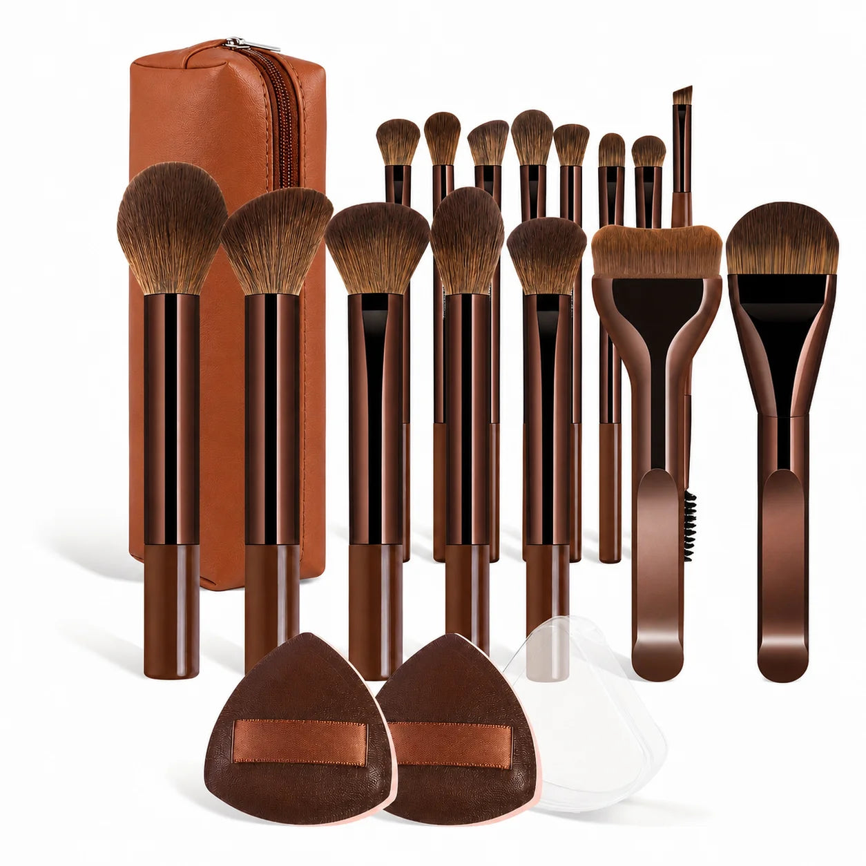Makeup Brush Set - 18pcs High-Value Multi-Functional - Including 15 Makeup Brushes + 2 Powder Puffs + Makeup Bag - Travel-Friend