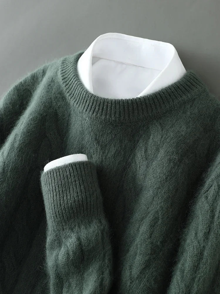 Mink Cashmere Cable Knit Pullover for Men O Neck Casual Autumn Winter Sweater Top