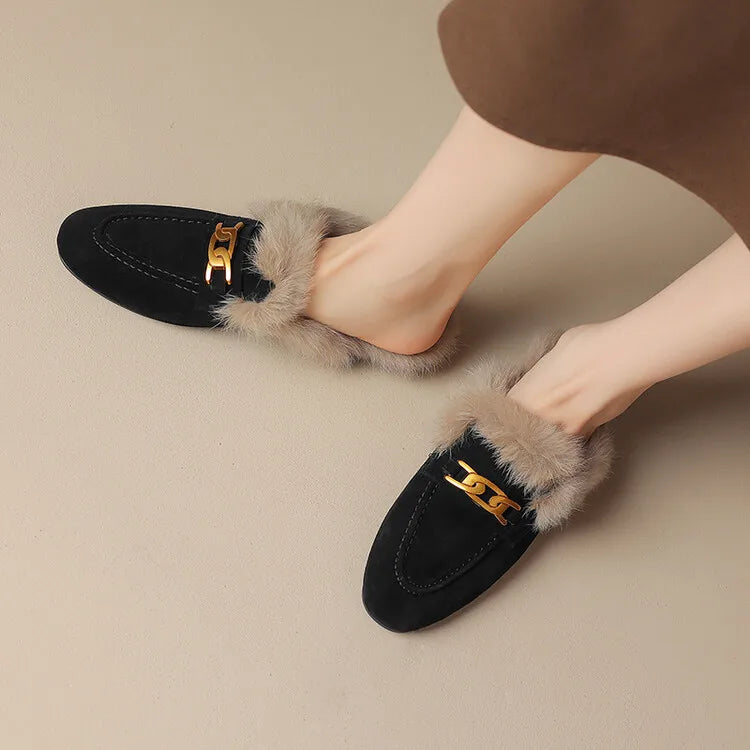 2023 Winter Sheep Suede Women Shoes Rabbit Hair Mules Shoes for Women Round Toe Low Heel Slippers Chunky Heel Cover Toe Slippers