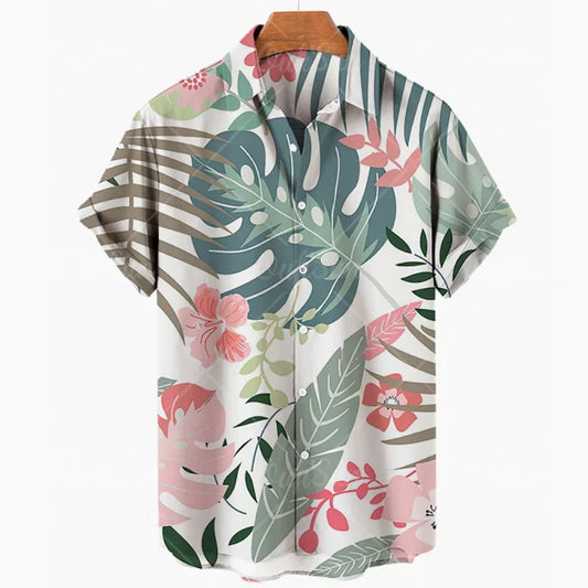 Summer Men's Leaves Elegant Floral Social Hawaiian Short Sleeve Oversized Casual Shirt Printing Vacation Style Harajuku Camisa