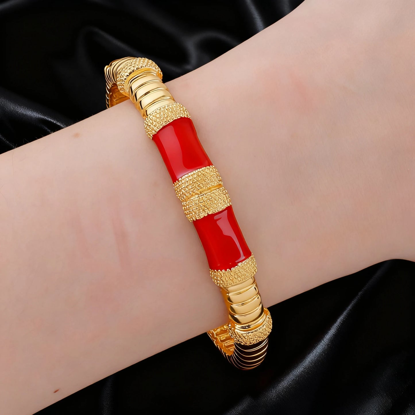18K Gold Color Plated Dubai Bracelets Luxury Arabian Wedding Jewelry Sets, Hidden Buckle Women’s Bracelets and Rings Jewelry Set