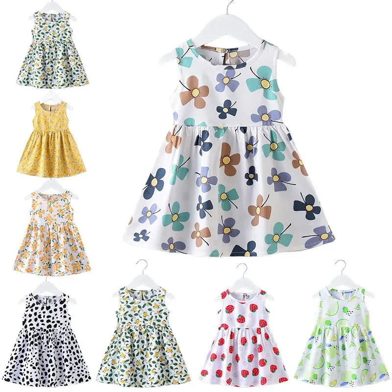 Vestido de verano para niñas, vestidos sin mangas con estampado bonito para niños, vestido veraniego de fiesta de algodón para niños, ropa para niñas pequeñas, faldas de moda