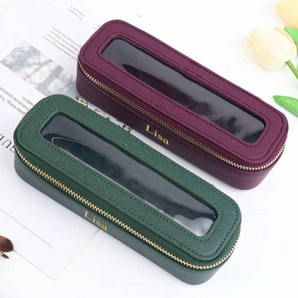 Customized Name PU Leather Women's Transparent Makeup Brush Box, PVC Makeup Bag Women's Toiletries Accessories