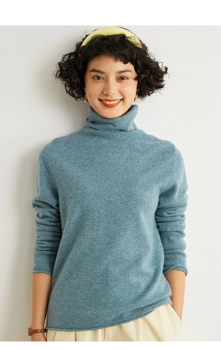 Women's 100% Cashmere Sweater Casual Solid Color Knitted Pullover Loose High Neck Jumper Autumn/Winter Warm Blouse Tops