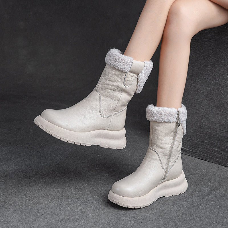 Koznoy 5cm Natural Genuine Leather Chunky Cow Spring Rubber Ankle Boots Soft Soled Winter Plush Flats Booties Autumn Women Shoes