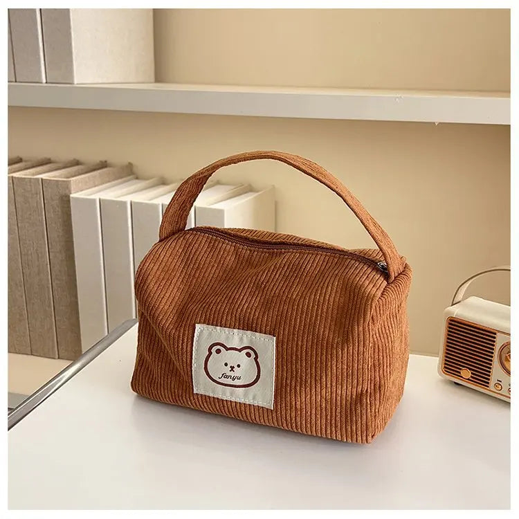 Bear Large Makeup Bag for Women Corduroy Cosmetic bag Make up Bags Zipper Pouch with handle Cosmetic Organizer Toiletry Bag