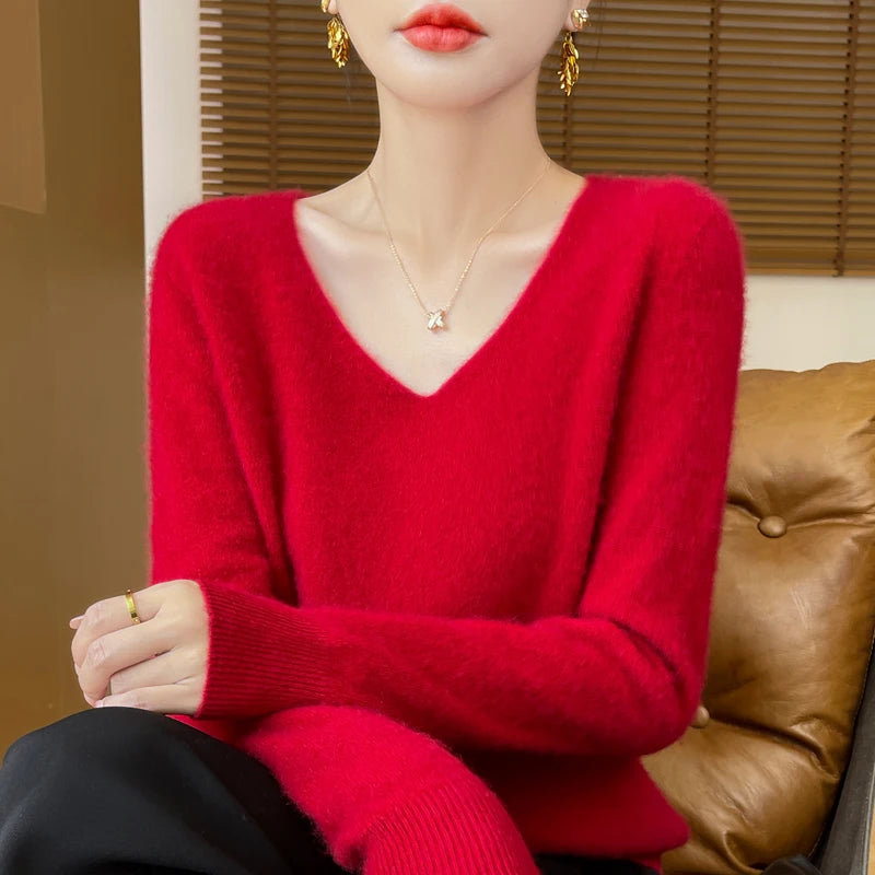 Fashion Pullover 100% Merino Wool Women Sweater V-Neck Long Sleeve Basic Jumper Spring Autumn Winter Clothing Knitwear Tops