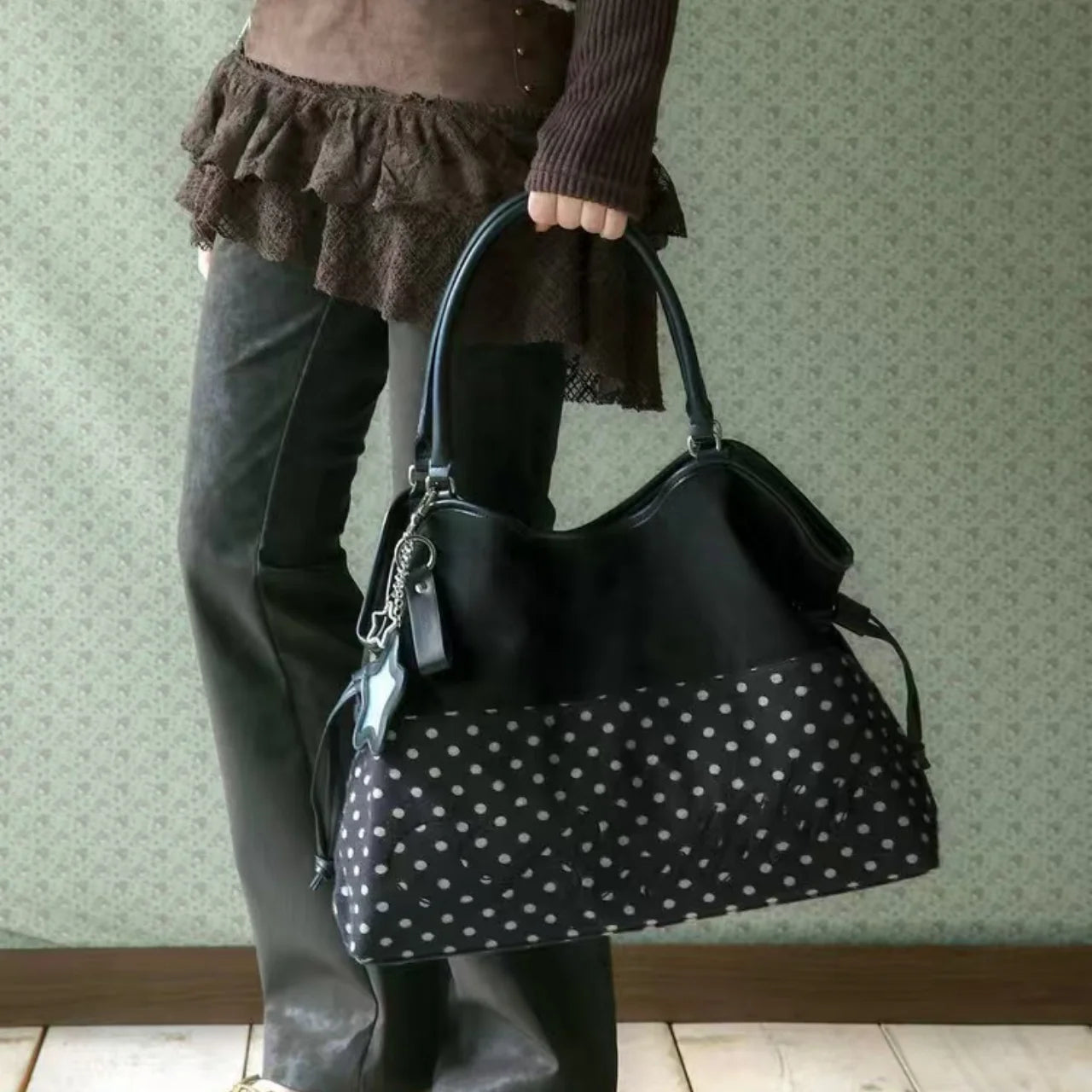 Y2K Polka Dot Suede Storage Bags Women Brown Slouchy Tote Drawstring Design Magnetic Buckle Underarm Bag With Star Pendant