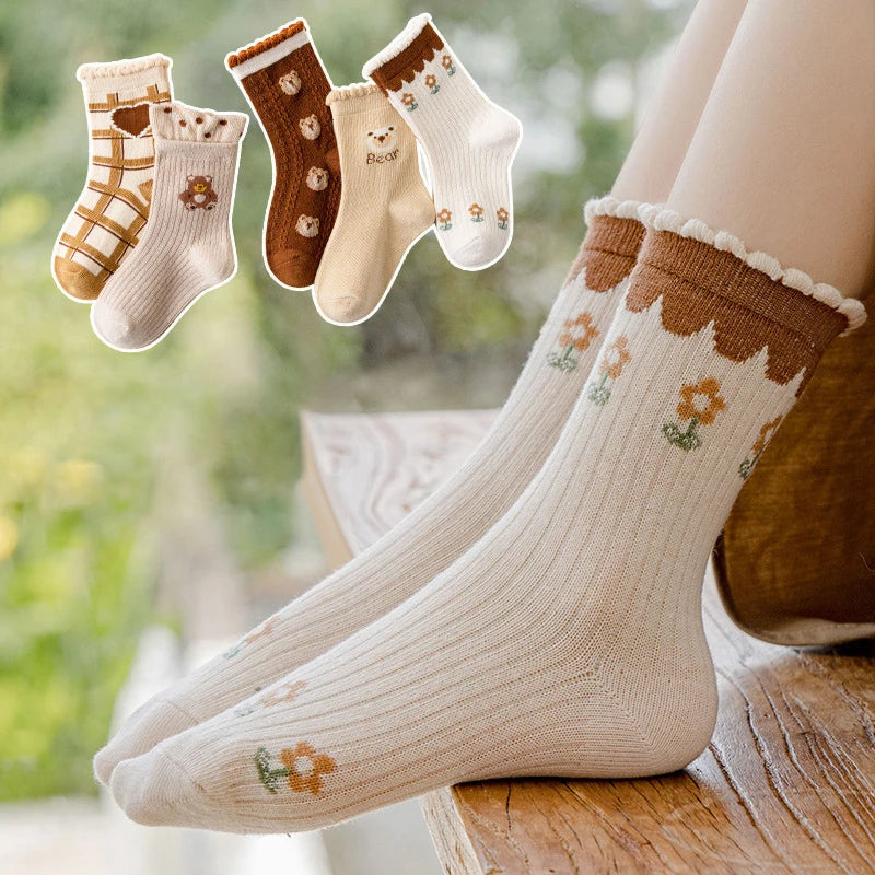 5 par/lote de calcetines de algodón suave para niños, calcetines coreanos con estampado de flores y corazones de amor para niñas, calcetines cálidos de tubo medio para otoño e invierno para niños