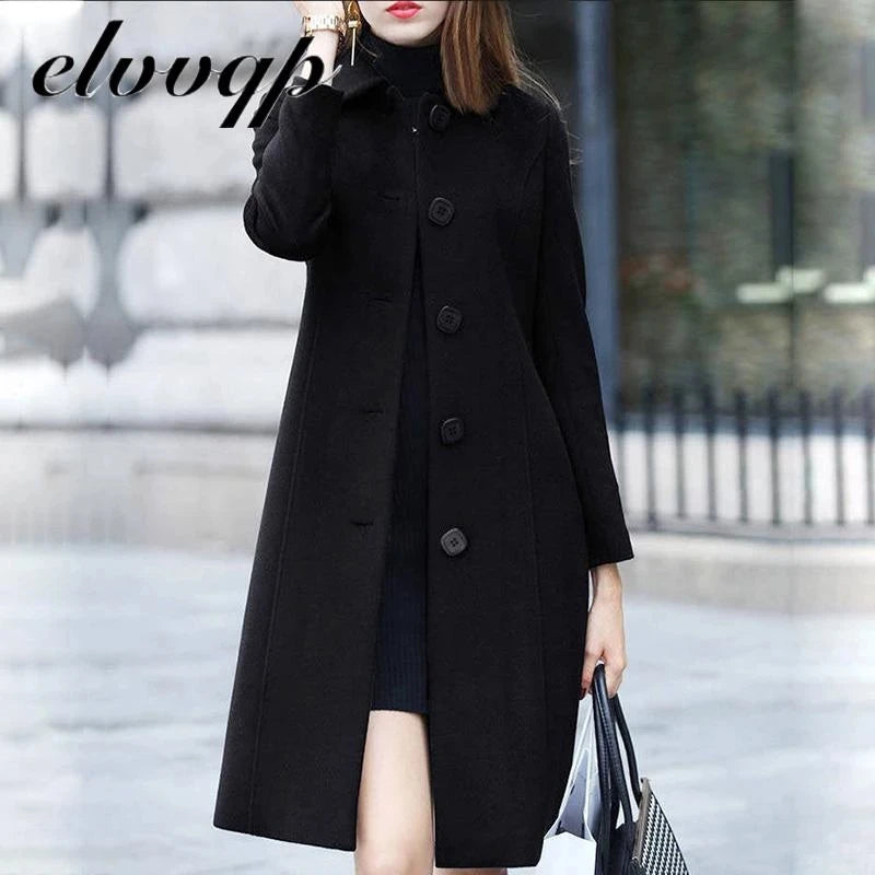 New Fashion British Solid Button Wool Coat Women Long Sleeve Jackets Woman Elegant Pocket Slim Outfit Mujer