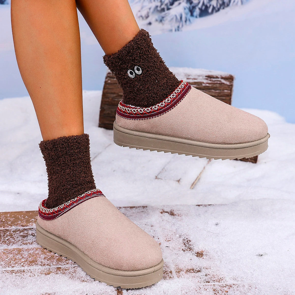 2026 Winter Women Snow Boots Cashmere Warm Thick Soles Without Heel-covered Hair Half Slipper Cotton Shoes Cashmere Warm Boots