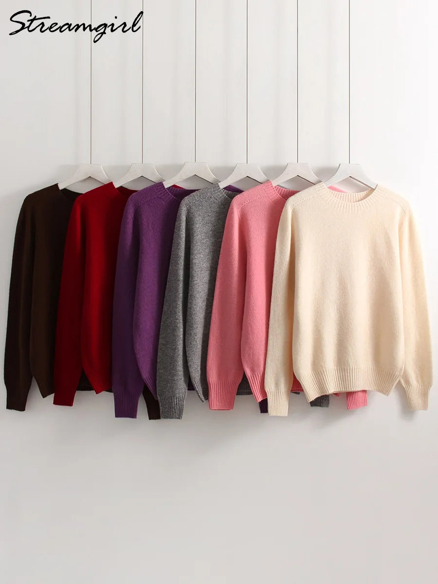 Women Cashmere Sweaters Burgundy O Neck Warm Knitted Brown Pullover Jumper Autumn Winter Wool Sweater Woman Purple Knit Top