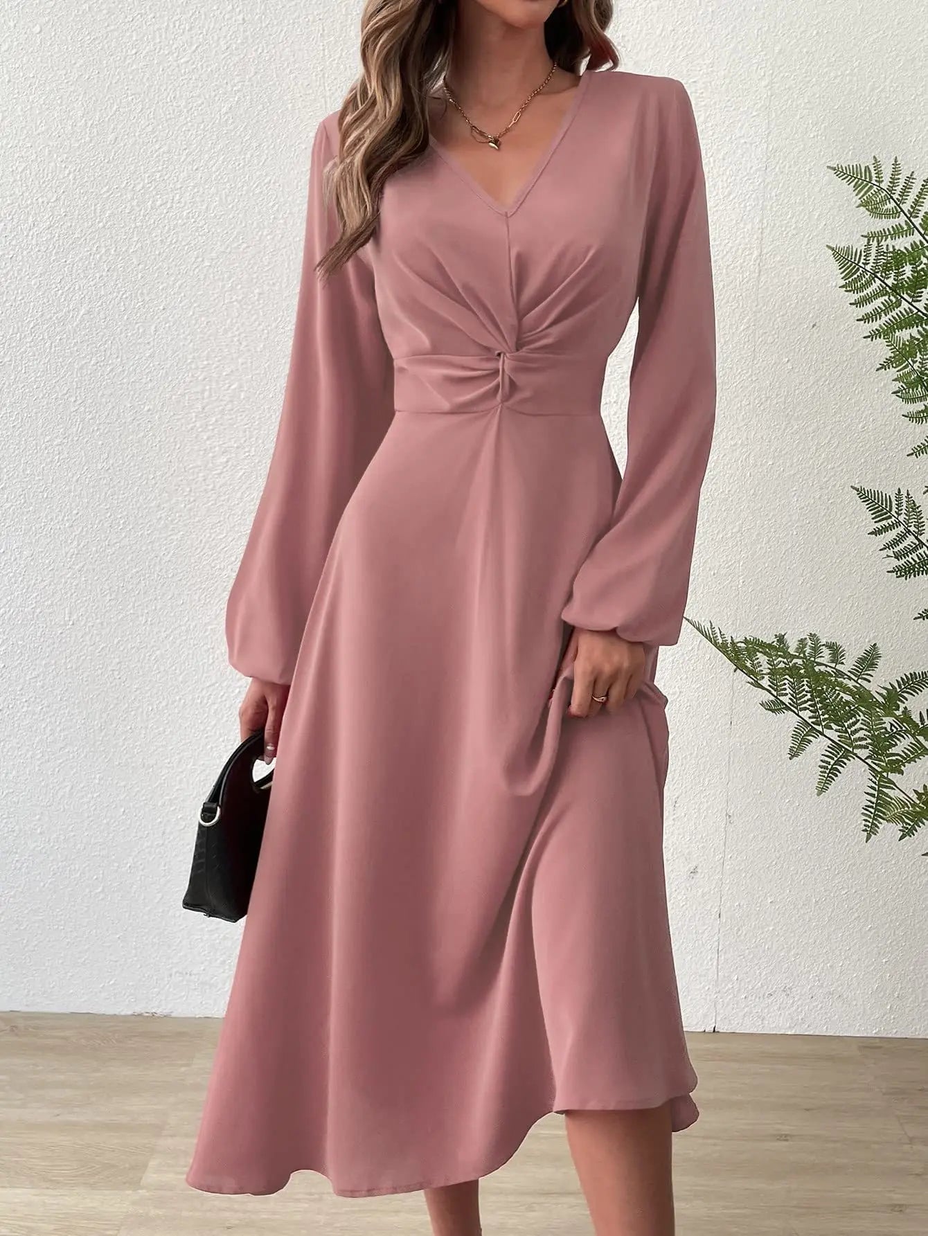 European American Fashion Spring Summer Fashion V-neck Lantern Long-sleeved Skirt Twisted Edge Elegant Mid-length Dress