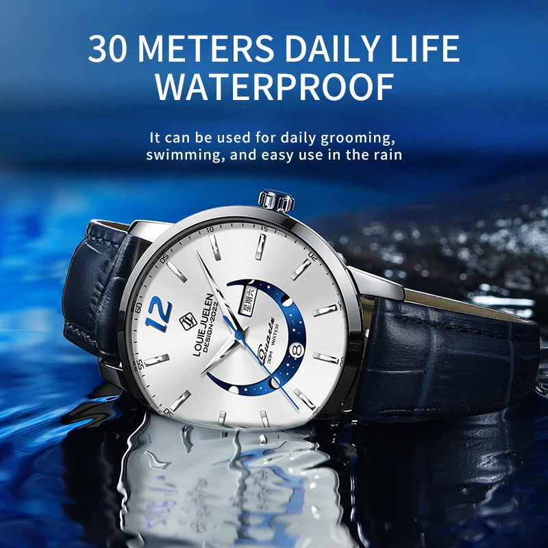 BELUSHI New Waterproof Men Watches Luxury Moon Phase Dial Luminous Male Clocks Date Week Leather Quartz Sport Watch For Man