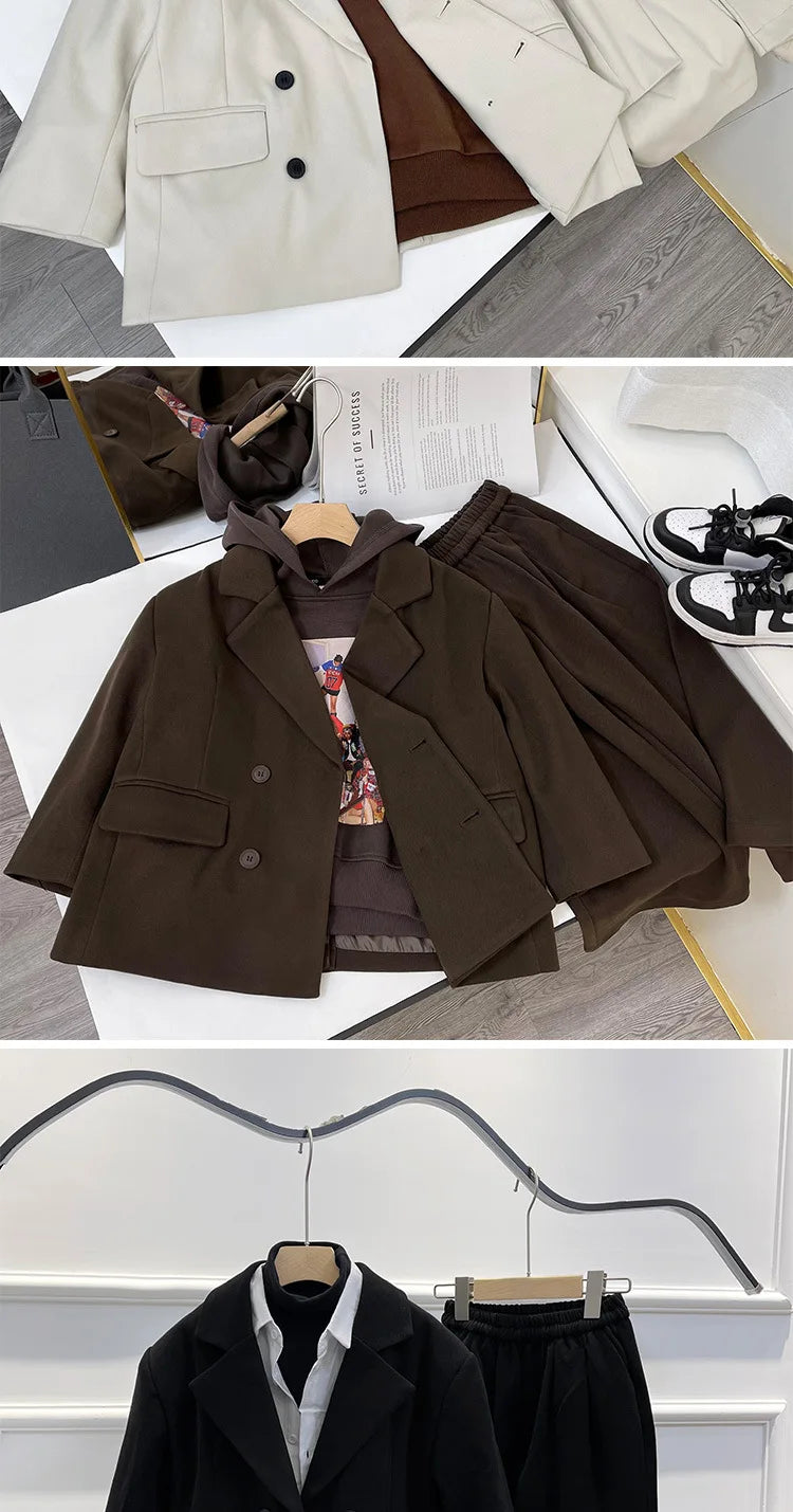 Boys Woolen Suit Set Autumn Winter Thicken Warm Casual Blazers Trousers Two-piece Children White Wedding Outfits 2 To 12 Years