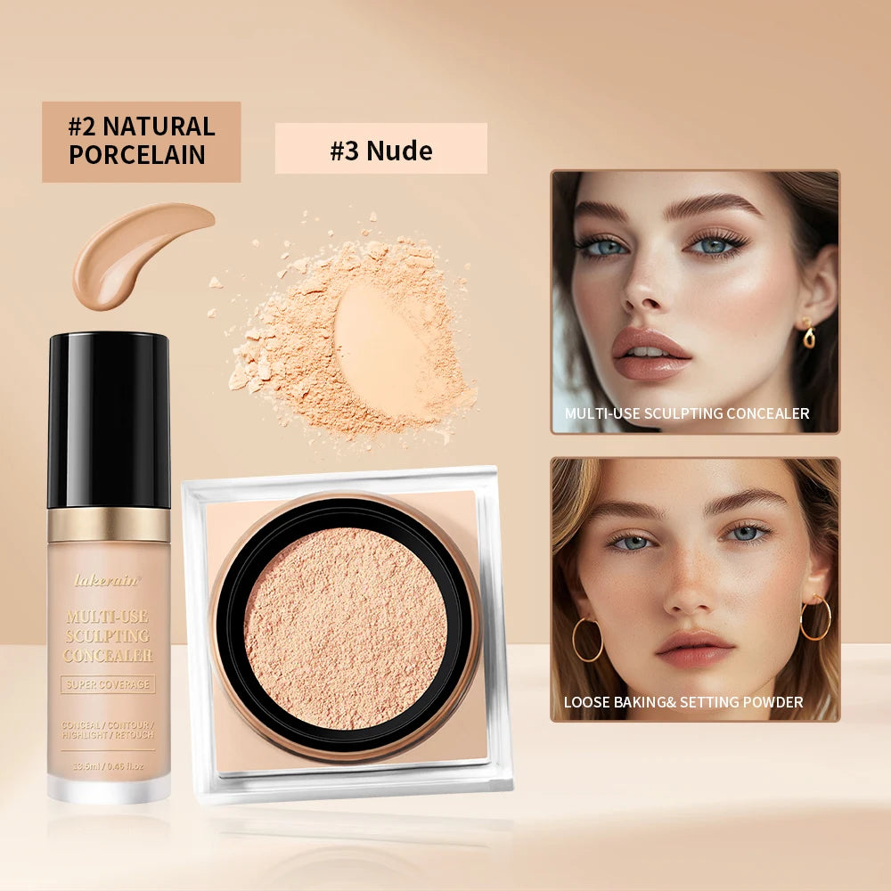 2pcs Face Makeup Set With Concealer And Loose Setting Powder Natural Face Smooth Matte Finish Women Cosmetics Korean Makeup
