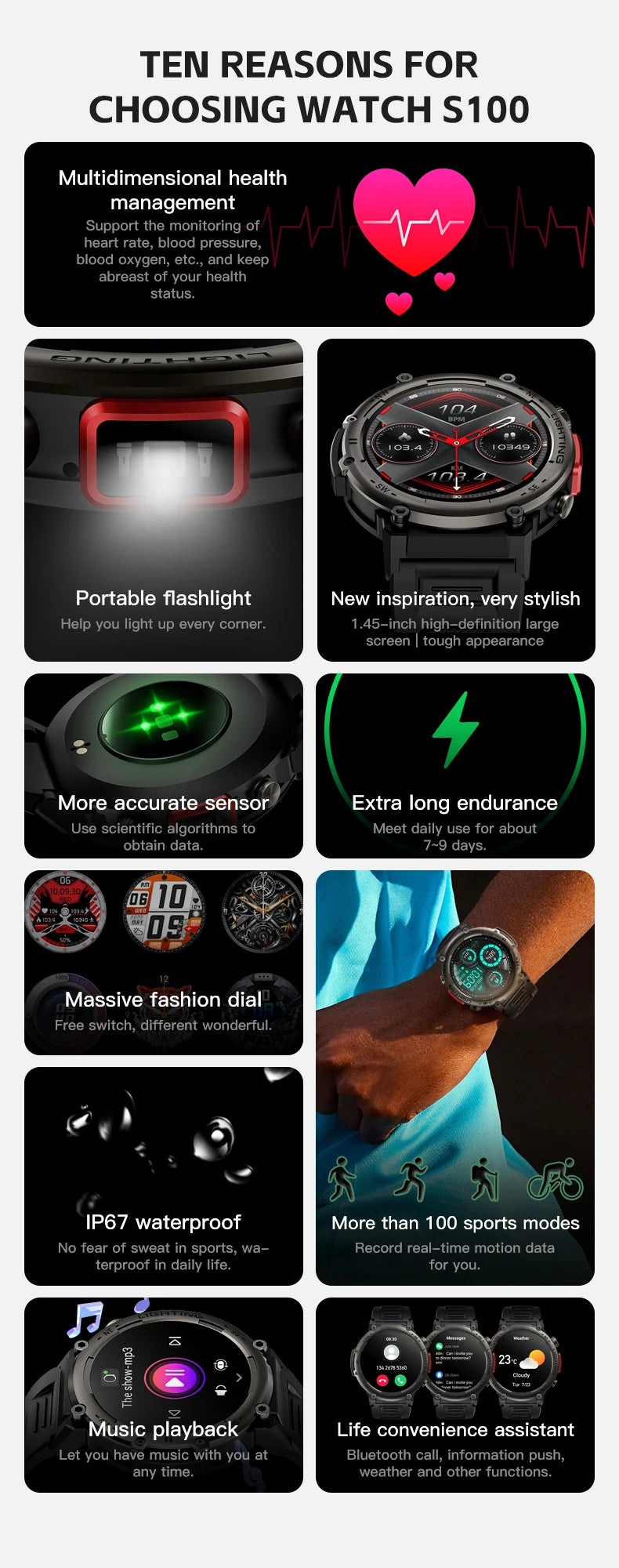 Imosi Hot Outdoor Smart Watch Men With Flashlight Sport Fitness Bracelet Blood Pressure IP67 Waterproof Smartwatch For Android