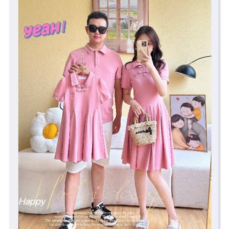 Family Set Clothes Chinese Mother and Daughter Matching Pink Dress Parent-child Outfit for Father and Son Clothes Women Dresses