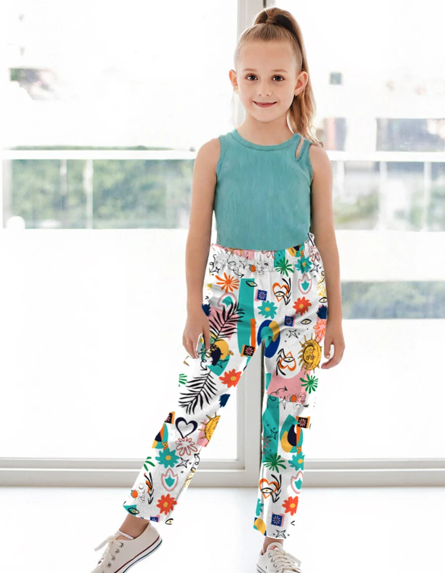 Summer Teenage Girls Clothing Set Off-Shoulder Ribbed Tank Tops and Printed Pants Two-Piece Sets for Kids Girl 6-14 Y