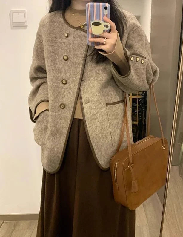 Wool Blend Coat for Women Short Plain Half Long Sleeve Elegant Mixtures Jacket Woman Fashion 2025 Winter Clothes Single Cheap