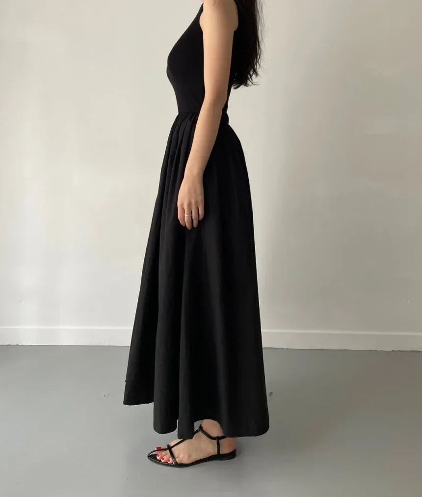 New Summer Simple Elegant Black Long Dresses For Women Round Neck Sleeveless High Waist Temperament Female Fashion Style Dress