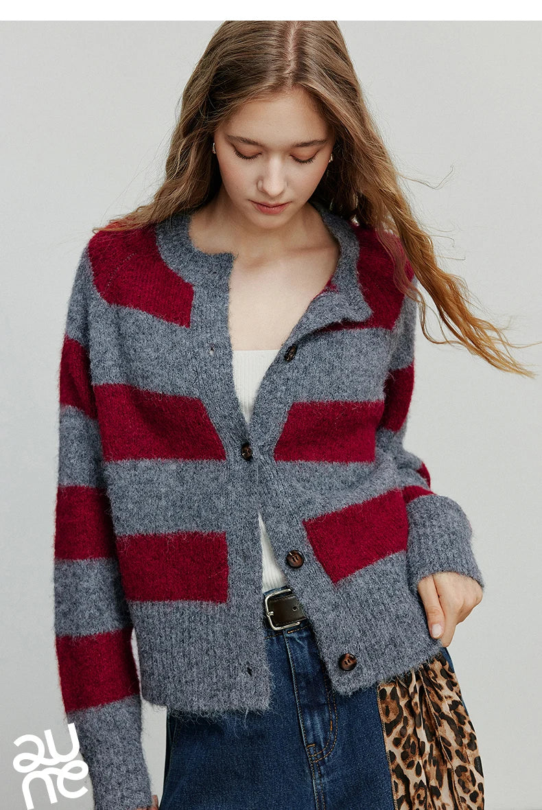 TOYOUTH Women Sweater 2025 Autumn New Color Contrasting Lulu Style Striped Cardigan Tops