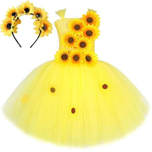 Yellow Sunflowers Costumes for Girls Fall Auturmn Fairy Outfit Flower Girl Dresses Kids Christmas Halloween Tutus Party Clothes