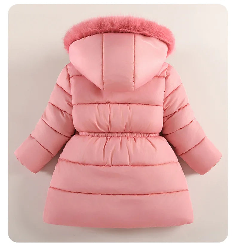 2025 Winter New Girls Jacket Long Solid Color Lining Berber Fleece Thick Warm Hooded Parka For 4-10Y Girls Bow Fashion Snowsuit