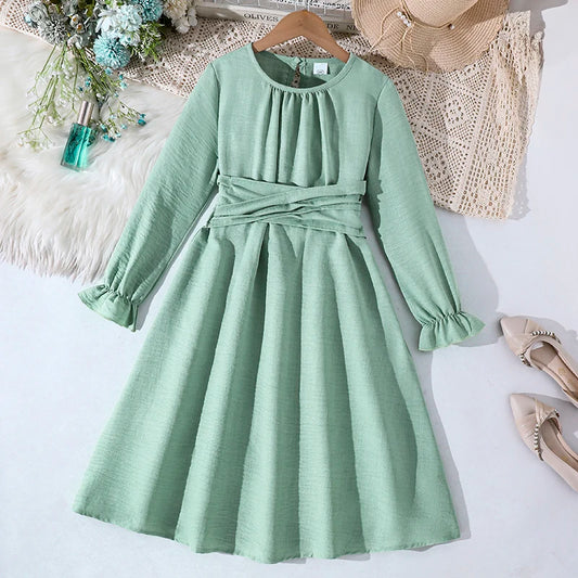 Teen Girls Spring Textured Midi Dress, Back Keyhole Closure Elastic Waist Flared Hem Long Sleeve Casual Solid Color Kids Dress