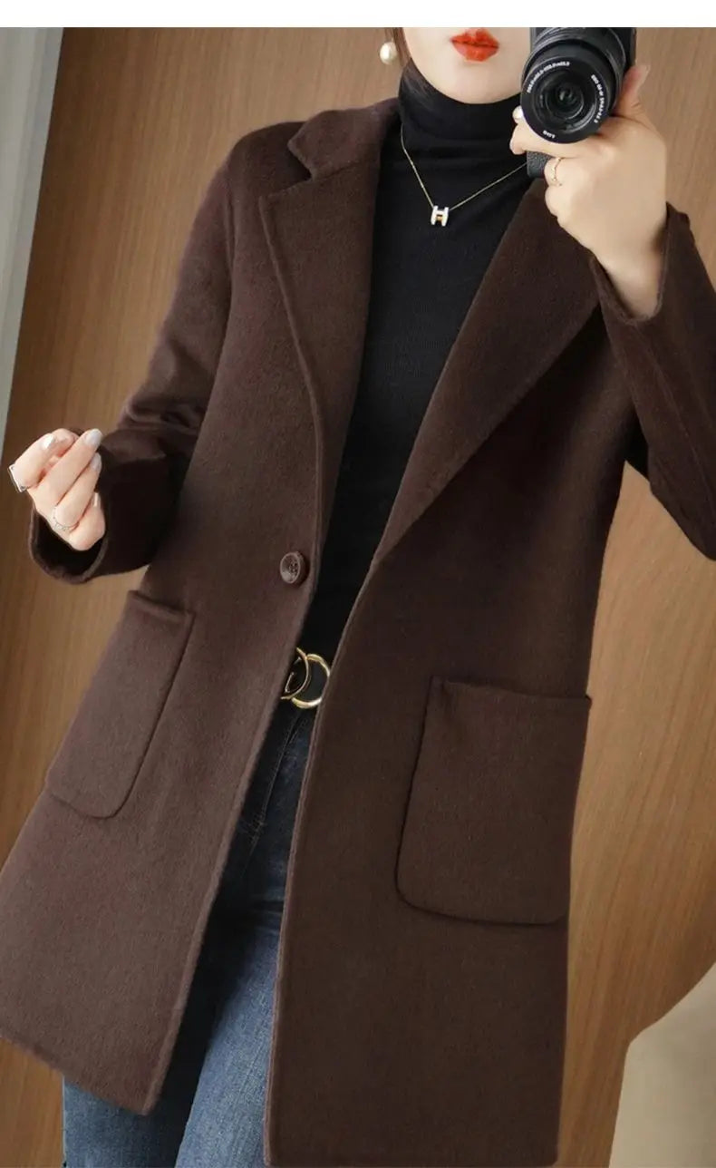 100% Pure Wool Double-Sided Cashmere Jacket Women Overcoat  Autumn Winter New Mid-Length One-Button Slim Wool Windbreakers coat