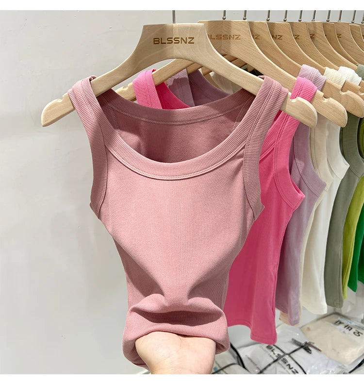 Women Solid Round Neck Ribbed Tank Top Camisole Women 2026 Summer Basic Elastic Tank Top O Neck Solid Tank Top