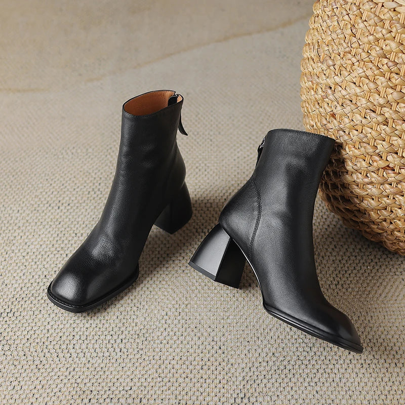 2024 Autumn/winter Women Boots High Heels Square Toe Short Boots Women Shoes Office Lady Gladiator Lady Shoes Genuine Leather