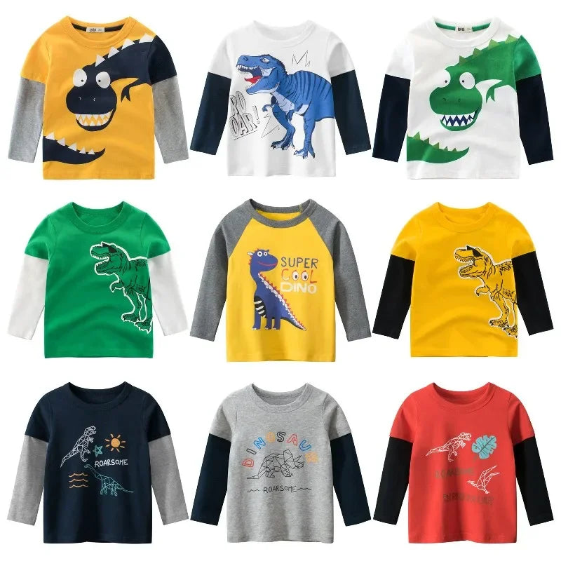 Cartoon Dinosaur Boys Long Sleeve T Shirt For 2-9Years Old Cotton Children Kids Boys Tops Tees T Shirt Spring Autumn Cotton