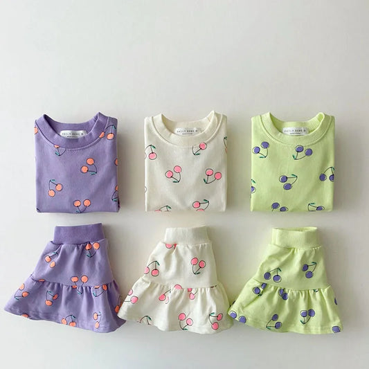 2023 Summer Girl Clothes Set Printed Cherry Short Sleeve T-shirt Skirts 2PCS Toddler Girl Suit 1-5 Years Kids Infant Girl Outfit