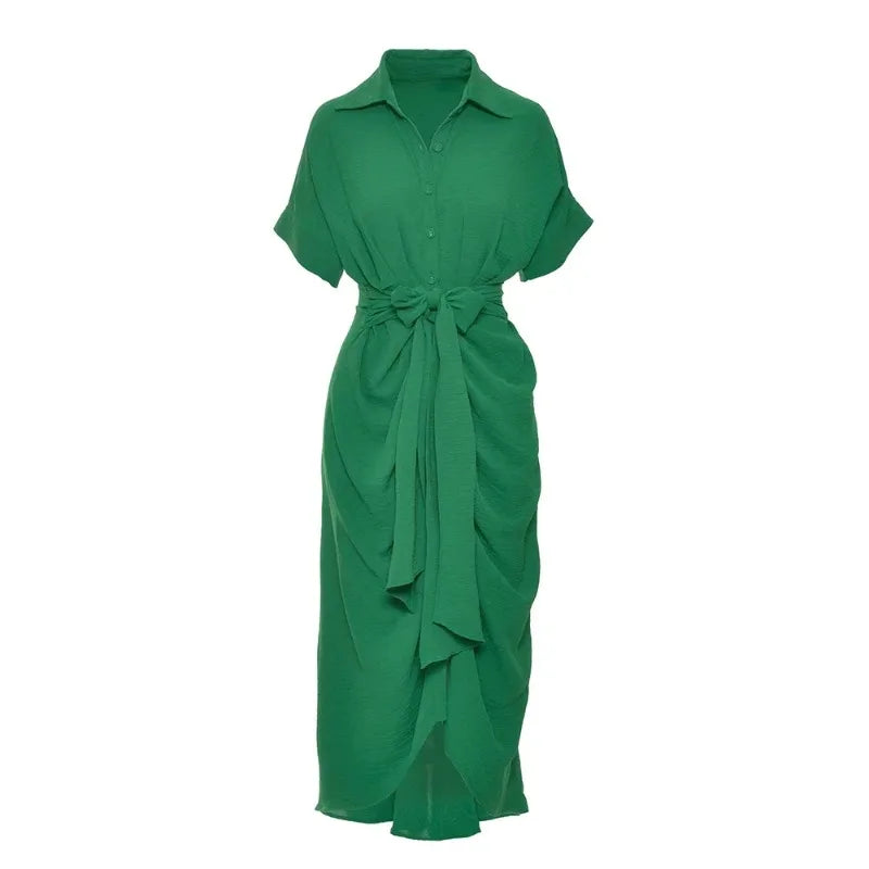 Chic Solid Button-up Draped Shirt Dress Women Elegant Lapel Short Sleeve High Waist Lace-Up Long Dresses Office Dress Vestidos