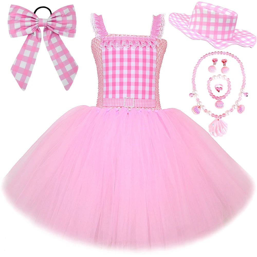 Baby Pink Plaid Barbi Ballet Tutu Dress for Girls Birthday Party Costumes for Kids Christmas New Year Princess Outfit with Bow