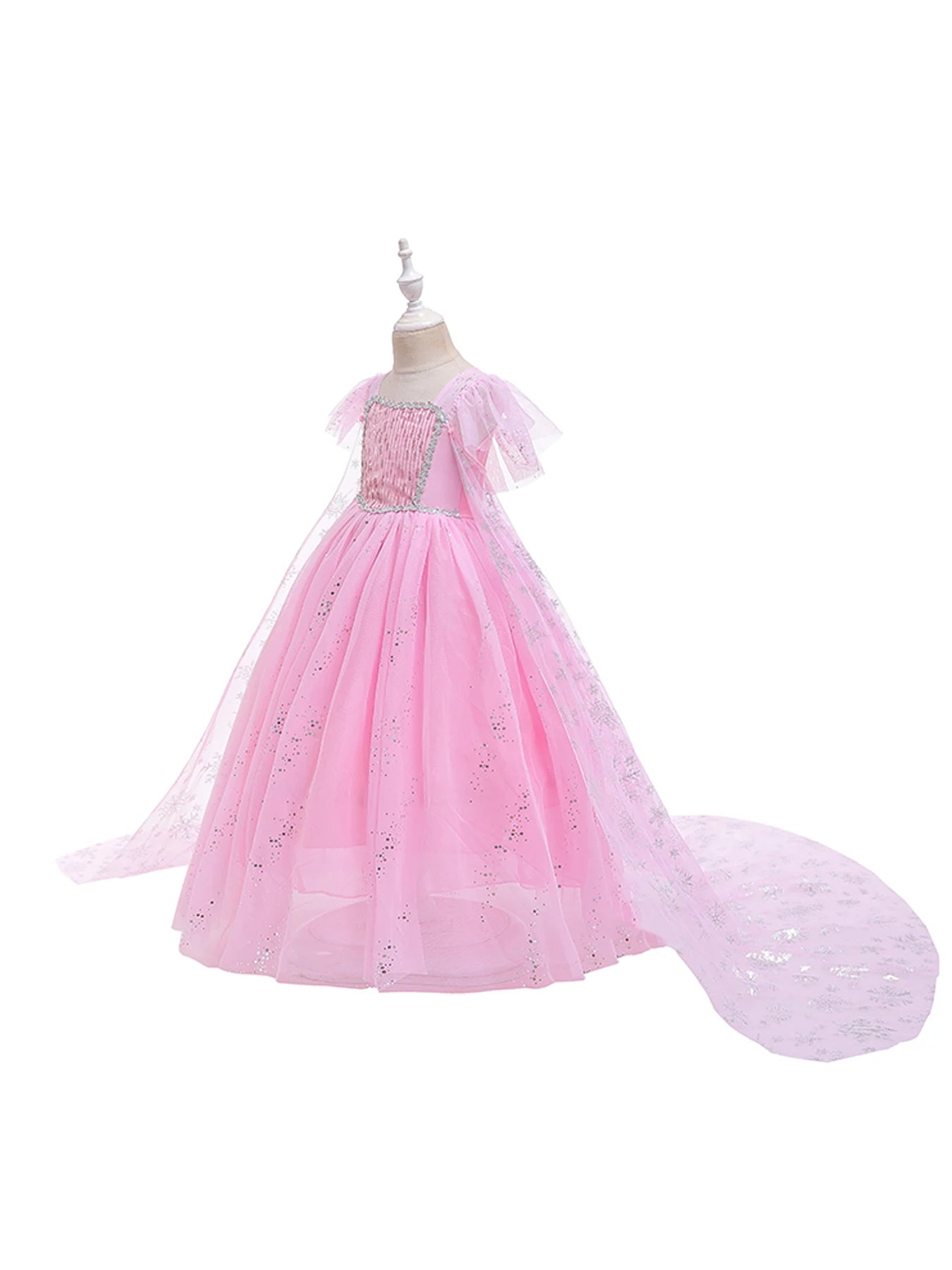 Girls pink sequined mesh princess dress, mesh short sleeves, with cape, suitable for party, dance, performance, carnival dress