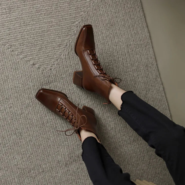 2022 Autumn Women Boots Square Toe Back Zipper Women Shoes Chunky Heels Shoes for Women High Heel Boots Vintage Leather Shoes