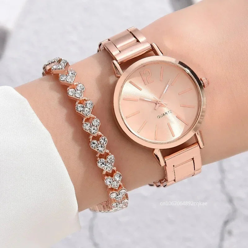 2pcs Set Watch Luxury Women Simple Dial Hollow Strap Fashion Gold Bracelet Quartz Wristwatch Student Ladies Watches Reloj Mujer