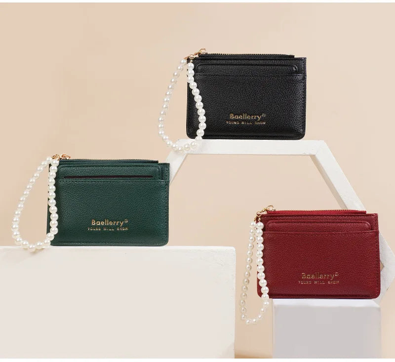 Fashionable Womens Card Case Ins Trend High Class Pearl PU Small Purse