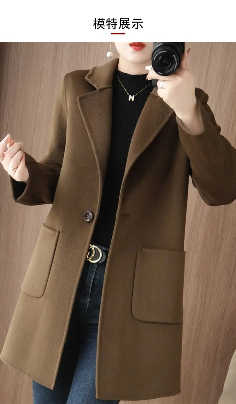 100% Pure Wool Double-Sided Cashmere Jacket Women Overcoat  Autumn Winter New Mid-Length One-Button Slim Wool Windbreakers coat