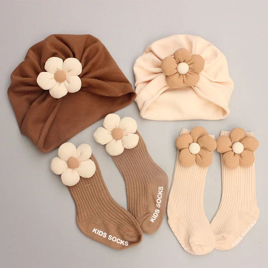 Conjunto de 2 unidades de gorro con lazo para bebé recién nacido, calcetín estampado para niñas pequeñas, gorro urbano, calcetines de algodón suave para niños, calidez de invierno de 0 a 12 meses
