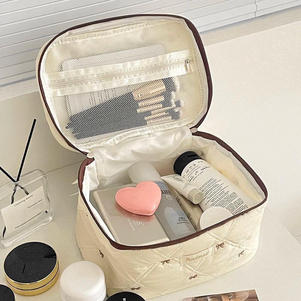 Fashion Brown Bow Cake Women Makeup Zipper Bag Large Capacity Tote Organizer Toiletry Cosmetic Pouch Ladies Make Up Handbag
