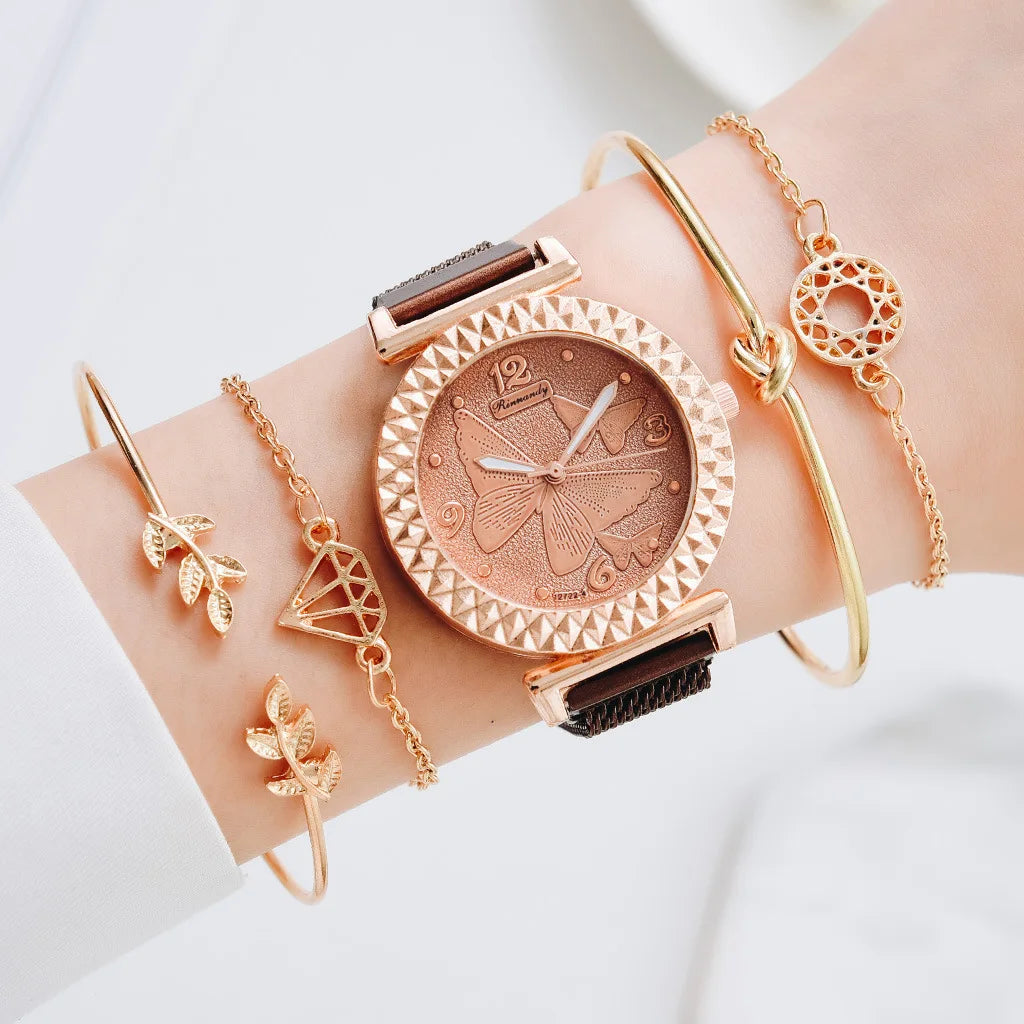 1Sets Luxury Women Watch Set Geometric Bohemian Gold Tassel Bracelets for Women Metal Quartz Wristwatches Bracelet Jewelry Gifts