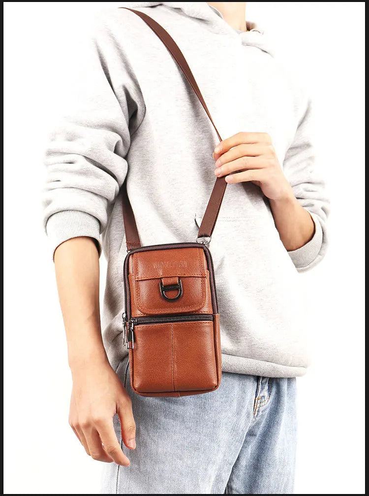Men's Leather Waist Bag - Large Capacity Mobile Phone Belt Bag - Outdoor Work Backpack, Sports Hiking Bag Portable Crossbody Bag