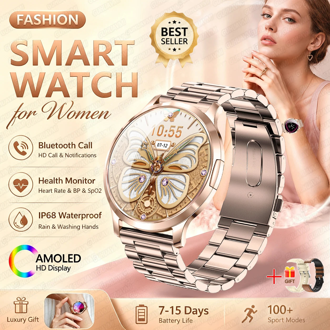 2026New Smart Watch 1.32”AMOLED Ultra-thin Display 100+Sports modes Blood Pressure Waterproof Bluetooth call Bracelet Women Gift